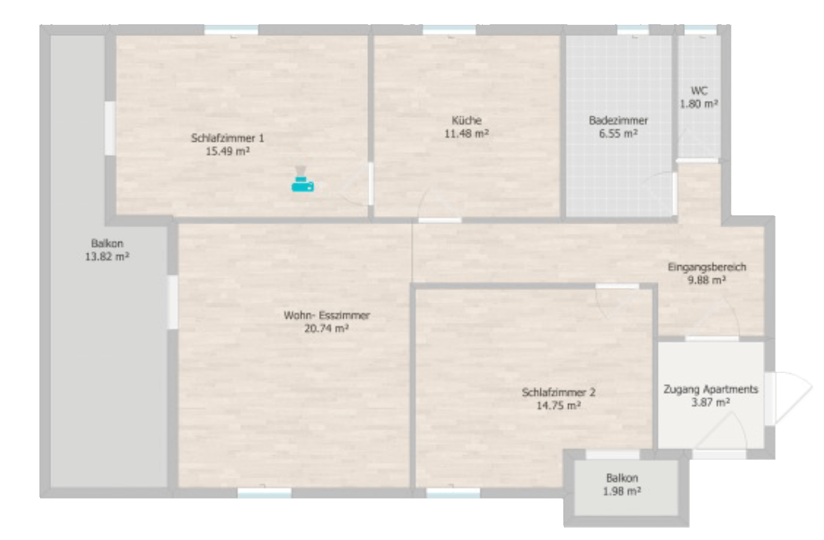 Grundriss einer Wohnung mit zwei Schlafzimmern, Wohn-/Esszimmer, Küche, Bad, WC und zwei Balkonen.