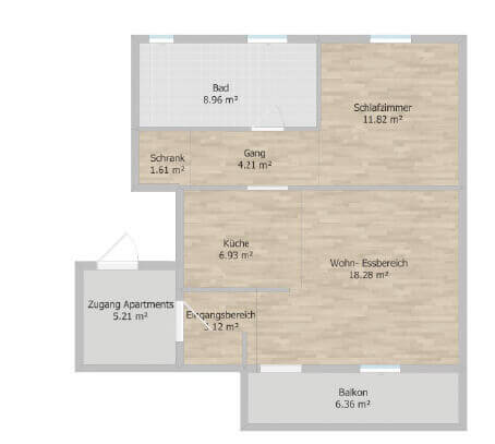 Grundriss einer Zwei-Zimmer-Wohnung mit Küche, Bad, Balkon und Wohn-Essbereich. Gesamtfläche und Raumanordnung sichtbar.