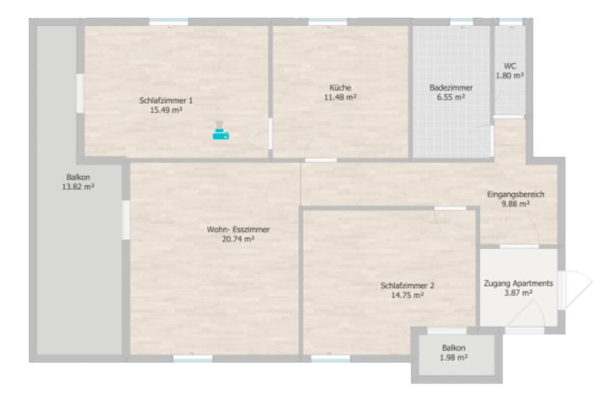 Grundriss einer Wohnung mit 2 Schlafzimmern, Küche, Bad, WC, Wohnzimmer und 2 Balkonen. Ideal für SEO.