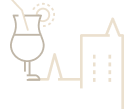 Cocktail-Glas und Stadt-Silhouette: Symbol für urbanes Nachtleben und Erfrischung. Perfekt für Cocktailbars in der Stadt.